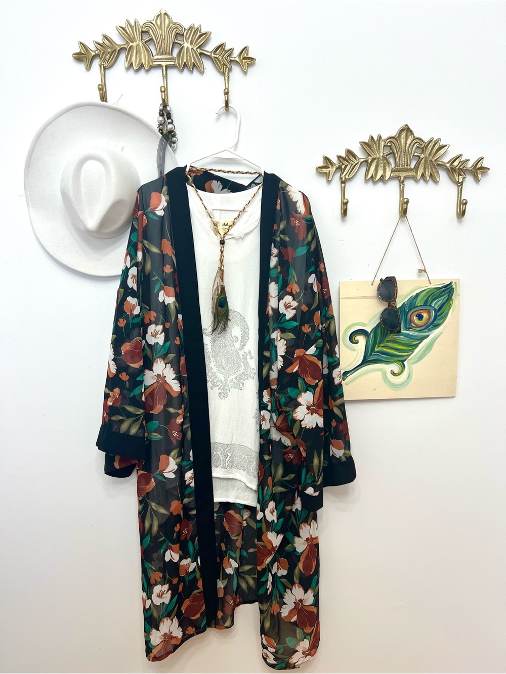 Floral Sheer Kimono Duster in Black with Rust & Green Floral Print 2x